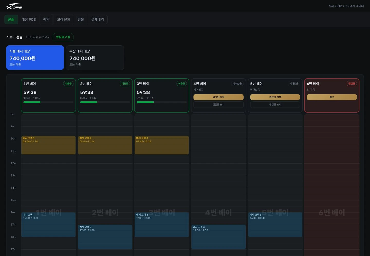 X-OPS 실제 운영 UI · 예시 데이터